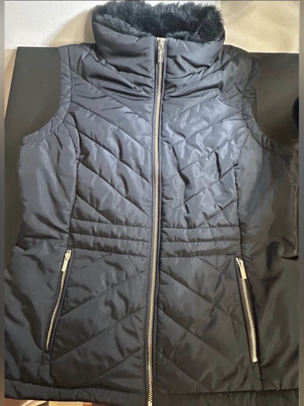 Calvin Klein Black Quilted Vest with Faux Fur Trim Gold Logo Zipper & Pockets